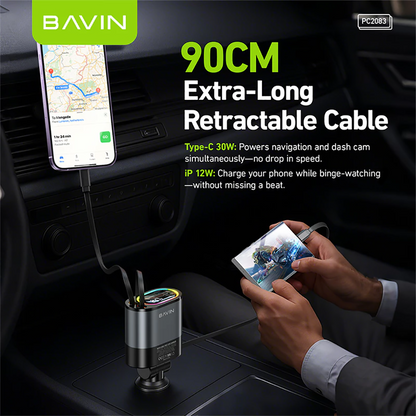 BAVIN PC2083 4-in-1 48W Fast Charging Car Charger with Retractable Cables for iPhone & Android (Supports 17 Series)