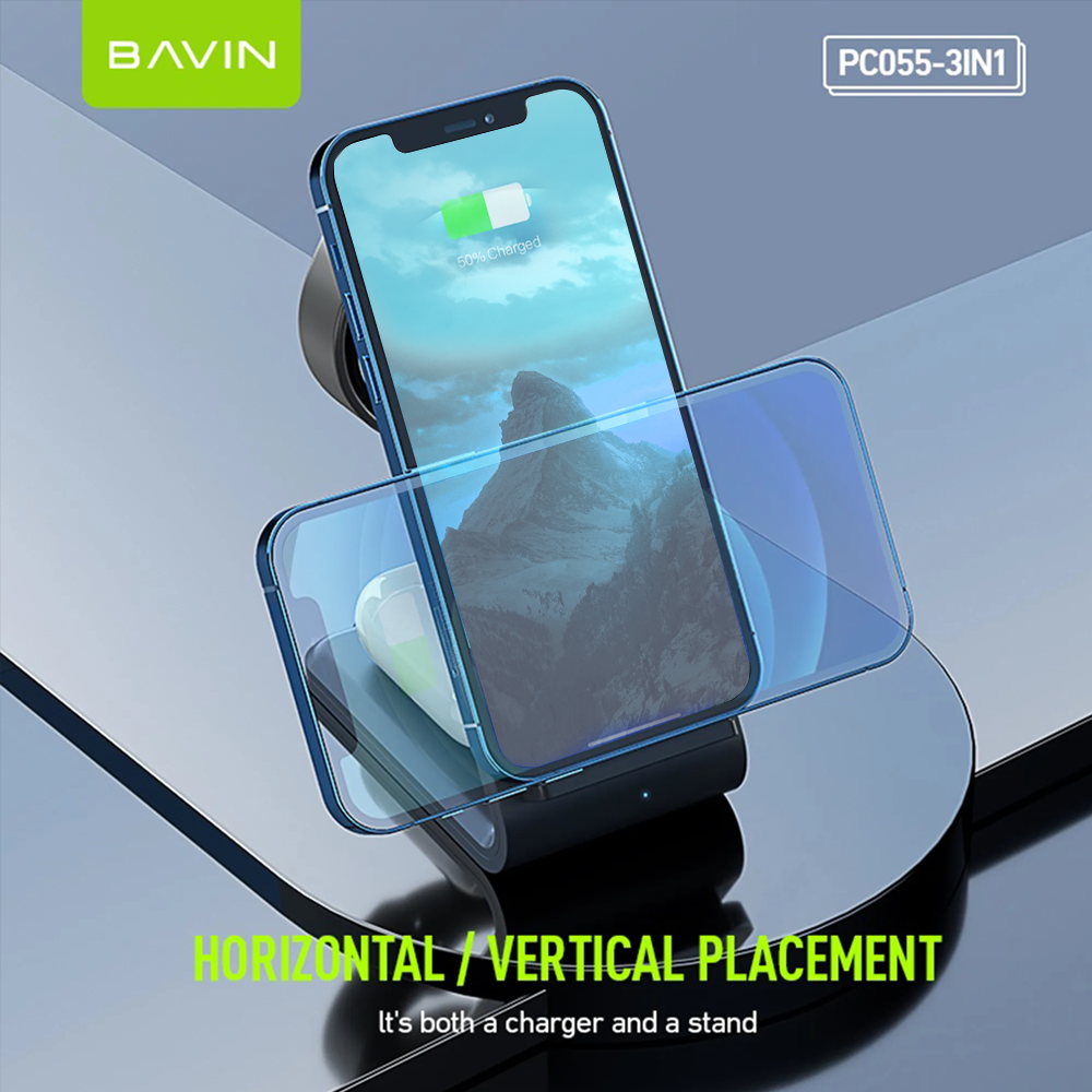 BAVIN PC055 3in1 Multifunctional Phone Stand w/ 15W Wireless Charger for iPhone Watch & Earbuds