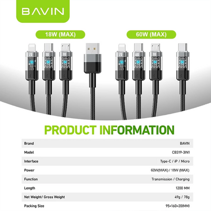 BAVIN CB319 60W PD Fast Charging Cable 3 in 1 Type-C / USB Nylon Braided w/ LED Indicator for iPhone 16