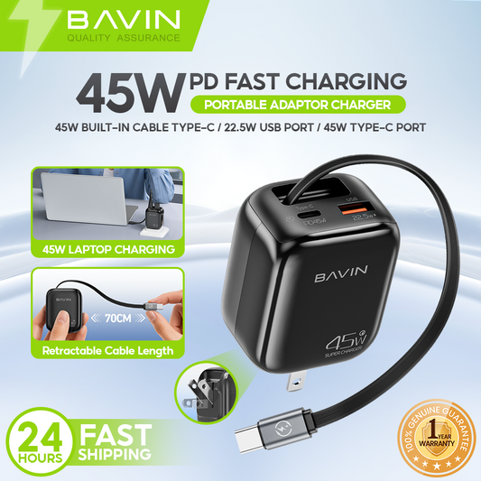 BAVIN PC2077 PD 45W QC3.0 Portable Fast Charging Adapter Charger w/ 70cm Retractable Cable + Foldable AC Plug