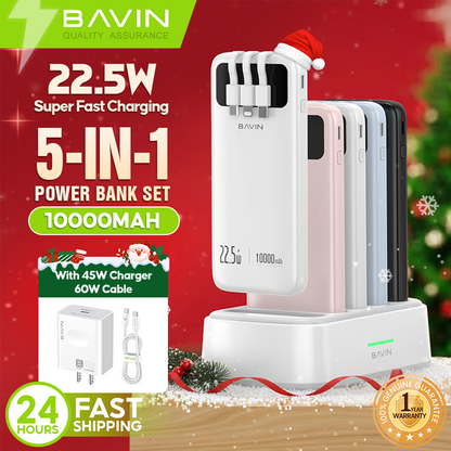 ( Christmas Gift ) BAVIN PC1202 10000mAh 5-in-1 Home Powerbank Set 22.5W Fast Charging w/ 45W PD Adapter + 60W Cable