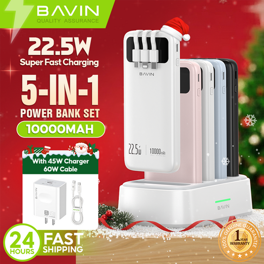( Christmas Gift ) BAVIN PC1202 10000mAh 5-in-1 Home Powerbank Set 22.5W Fast Charging w/ 45W PD Adapter + 60W Cable