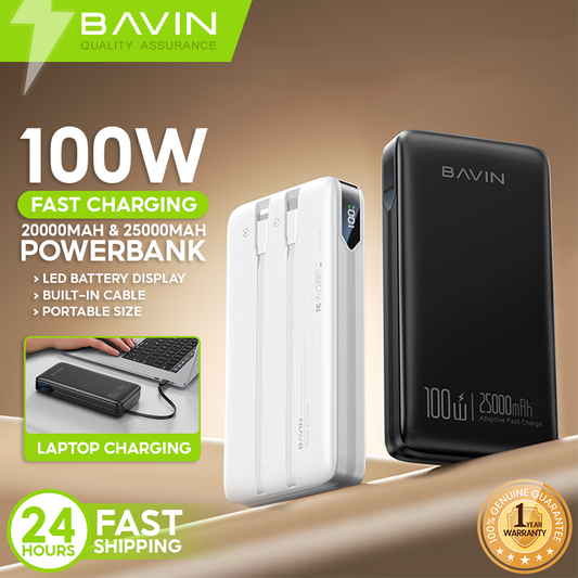 BAVIN PC1112S 20000mAh / 25000mAh 100W Fast Charging Powerbank w/ Built-in Cables, Supports Phones & Laptop