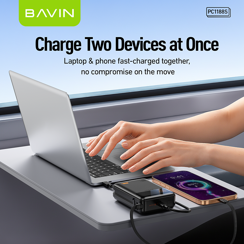 BAVIN Y-PC1188 20000mAh 65W PD Fast Charging Powerbank w/ Built-in Type-C Cable | LED Display Laptop & Mobile Compatible