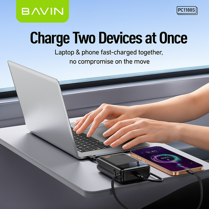 BAVIN Y-PC1188 20000mAh 65W PD Fast Charging Powerbank w/ Built-in Type-C Cable | LED Display Laptop & Mobile Compatible