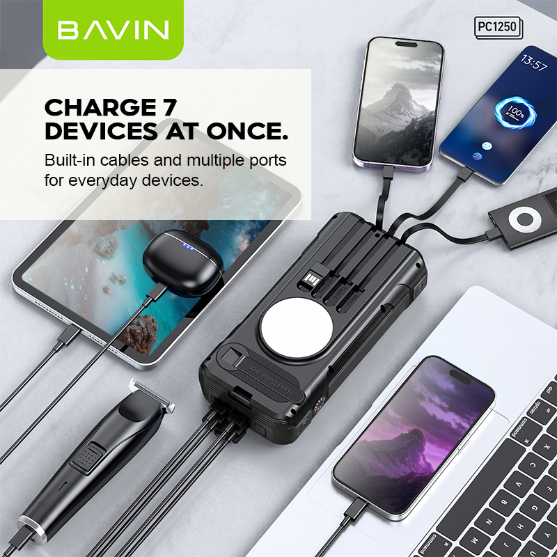 BAVIN PC1250 Portable Multifunctional 40000mAh PD 22.5W Fast Charge Solar Powerbank Built-in Cables