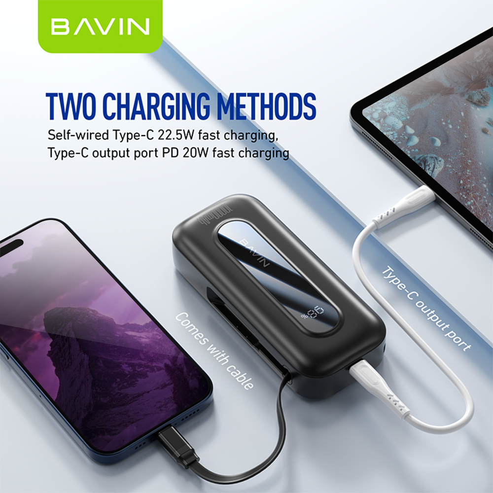 BAVIN PC1115 PD20W & 22.5W Fast Charging Powerbank 10000mAh w/ Built-In Cable Type-C for iPhone 16