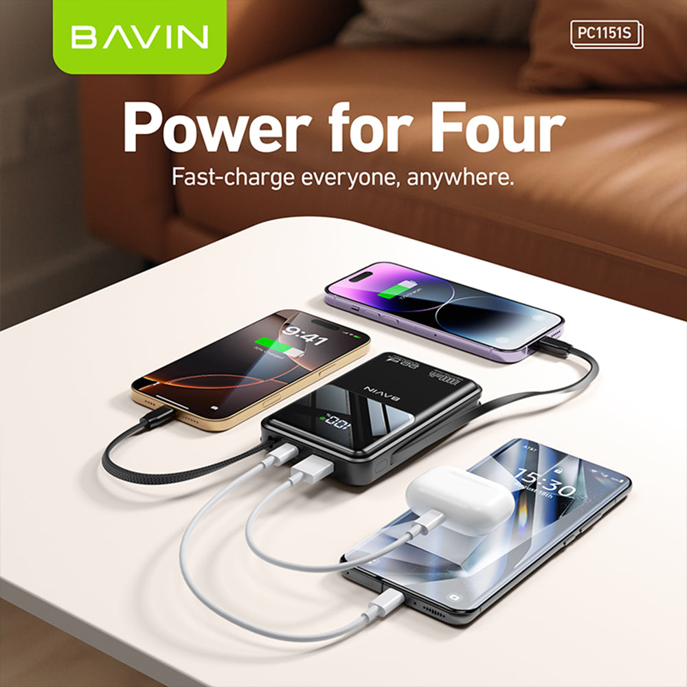 BAVIN PC1151 10000mAh Powerbank w/ 22.5W Triple Fast Charging Built-in Type-C & iPhone Cables | Smart LED Display