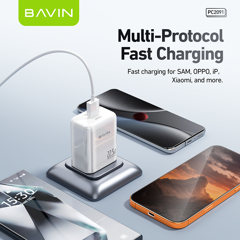 BAVIN PC2091 22.5W PD Fast Charging Charger Adapter USB Port &1 Meter Cable for Micro / Type-C /iPhone