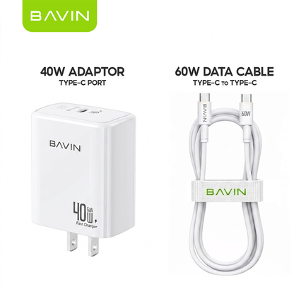 BAVIN PC2092 40W PD GaN Fast Charging Adapter USB-C Wall Charger for Laptop, iPhone 5-17 &Type-C Devices