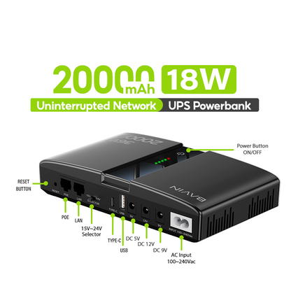 BAVIN PC1238 Portable 18W/36W 20000mAh UPS Uninterrupted Backup Powerbank for PoE Sensor, Router, CCTV