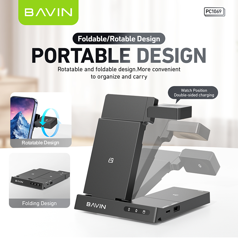BAVIN PC1069 Portable Multi-functional 6-in-1 Wireless Docking Charger Station Smart Watch Mobile