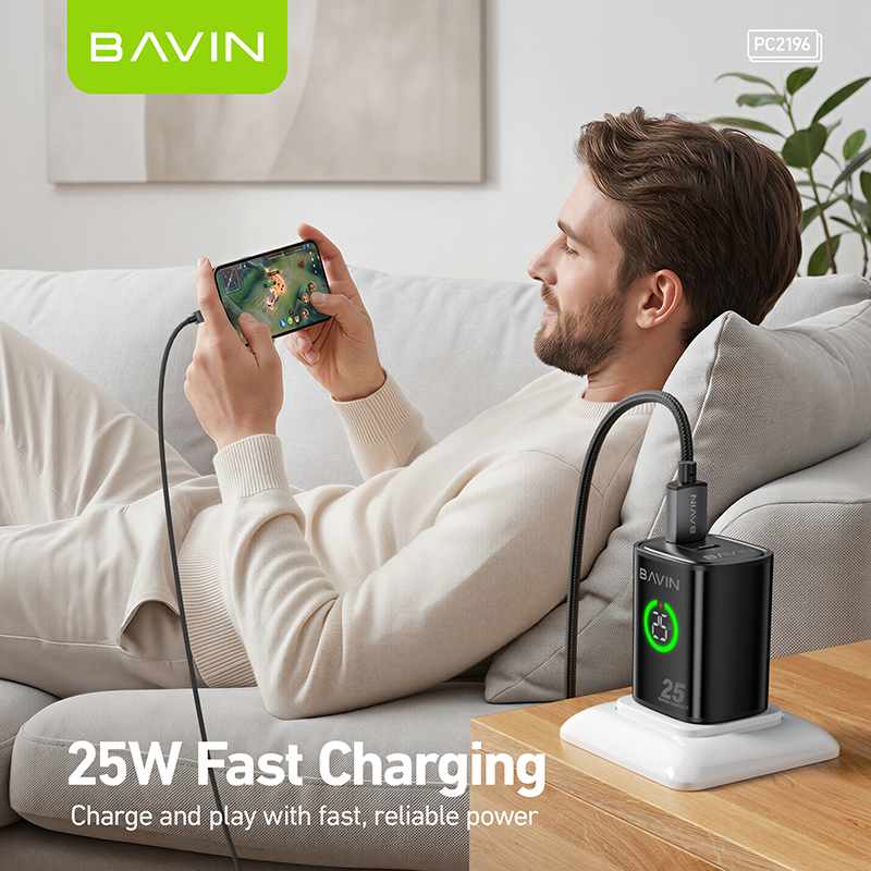 BAVIN PC2196 PD 25W+QC 3.0 Fast Charging Wall Charger Dual Ports w/ LED Display+ iPhone/Type-C Cable