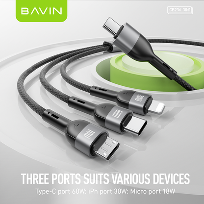 BAVIN CB236 3-in-1 60W 30W 18W Fast Charging Nylon Braided & Data Transfer Cable for iPh & Android (Supports 17 Series)