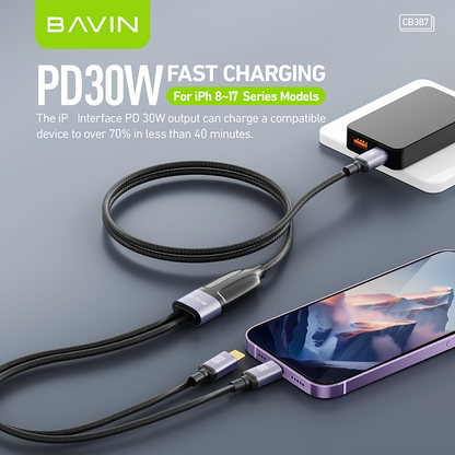 BAVIN CB387 100W 2 in 1 Fast Charging Cable Type-C to Type-C & iPhone w/ 1.2m Nylon Braided Cord for Laptop & Smartphones