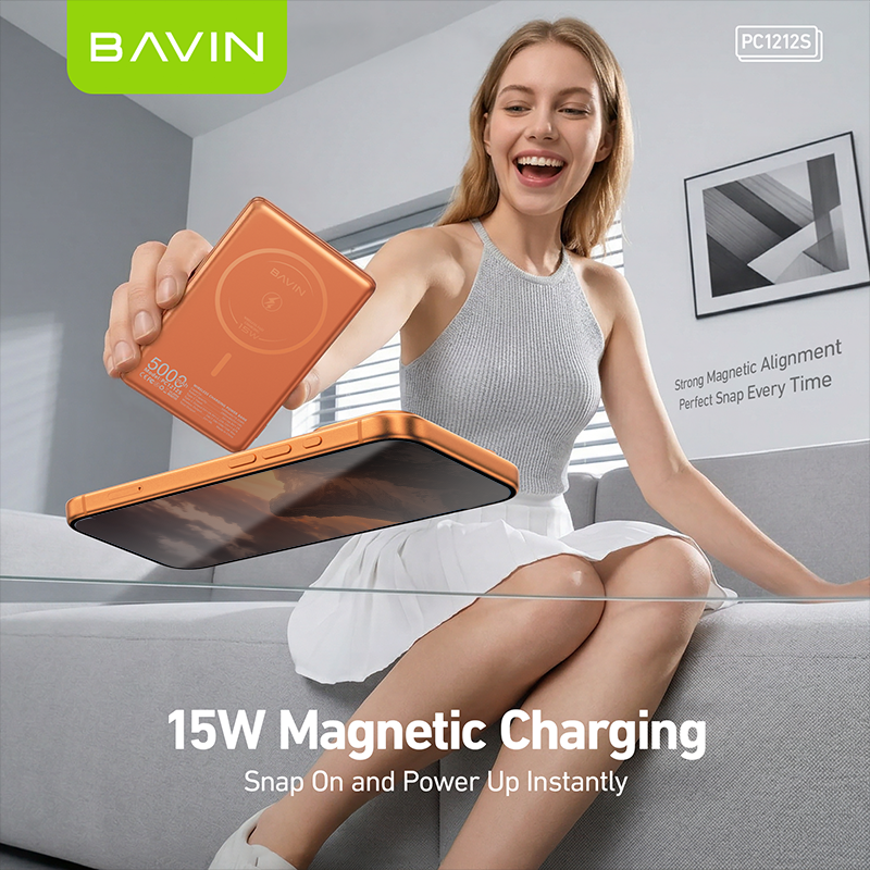 BAVIN PC1212 5000mAh 15W Fast Charging Magnetic Powerbank w/Smart TFT Display+Ultra Thin for iPhone 15-17