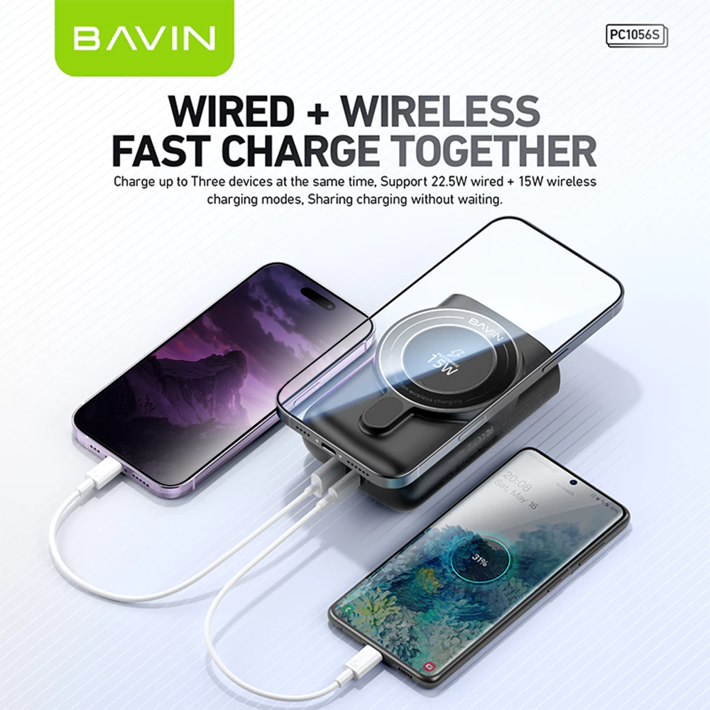 BAVIN PC1056 10000mAh Wireless Powerbank 15W Magnetic Charging with 22.5W USB QC3.0 Fast Charging