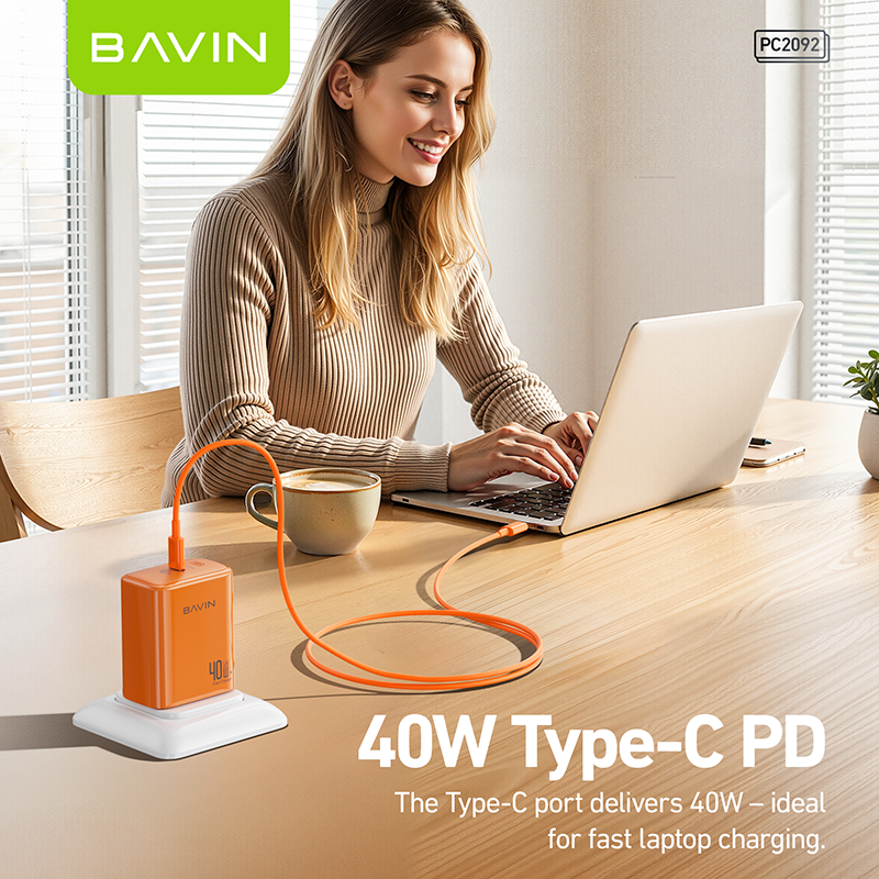 BAVIN PC2092 40W PD GaN Fast Charging Adapter USB-C Wall Charger for Laptop, iPhone 5-17 &Type-C Devices