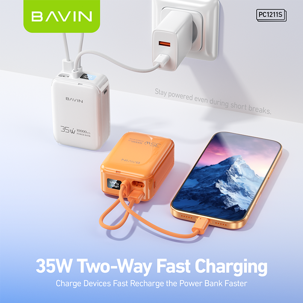 BAVIN PC1211S Portable 10000mAh 35W Fast Charging Powerbank Built-in Type-C & iPhone Cable｜LED Display
