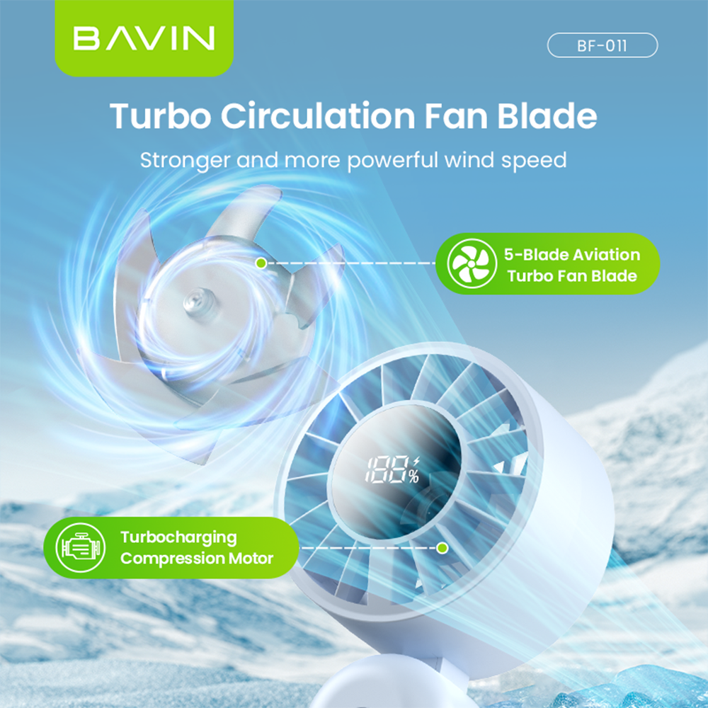 BAVIN BF-011 Portable Ultra Light Mini Handheld Foldable Turbo Fan w/ 5-Speed Wind Level & LED Display