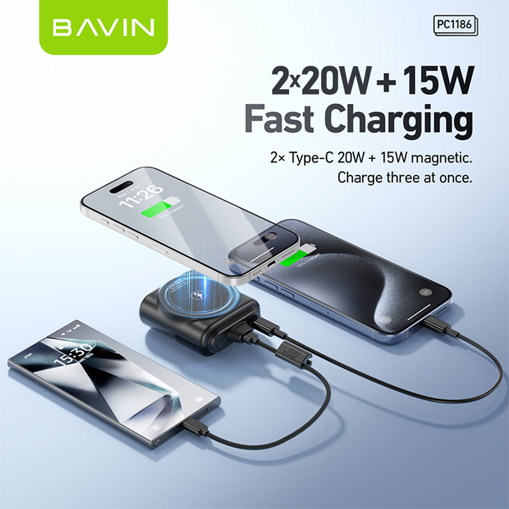 BAVIN Y-PC1186 10000mAh Mini Portable Magnetic Powerbank Wireless 15W Fast Charging w/ Detachable Dual Type-C Data Cable