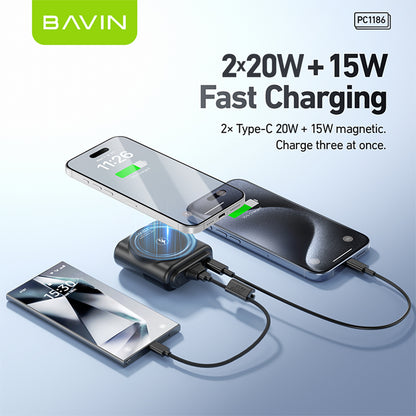 BAVIN Y-PC1186 10000mAh Mini Portable Magnetic Powerbank Wireless 15W Fast Charging w/ Detachable Dual Type-C Data Cable