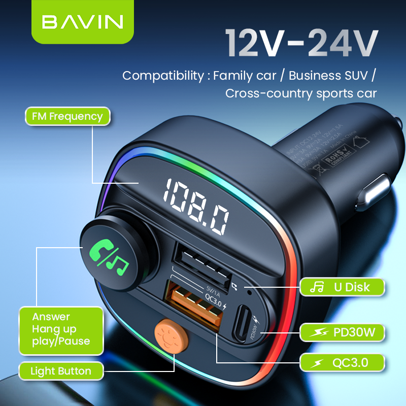 BAVIN PC2012 PD 30W & QC3.0 Car MP3 Player Fast Charging RGB Ambient Lighting w/ U-Drive/AUX 3.5 mm