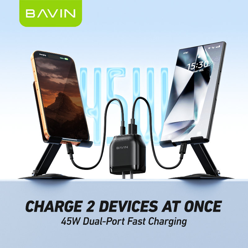 BAVIN PC2165 45W PD QC3.0 USB-C+22.5W USB Fast Charging Charger w/ 1M Cable for iPh 17/Android/Laptop