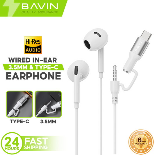 BAVIN HX882 2-in-1 Wired In-Ear Earphones w/ 3.5mm + Type-C Dual Connectors, Hi-Res Audio w/ Volume Control & Microphone