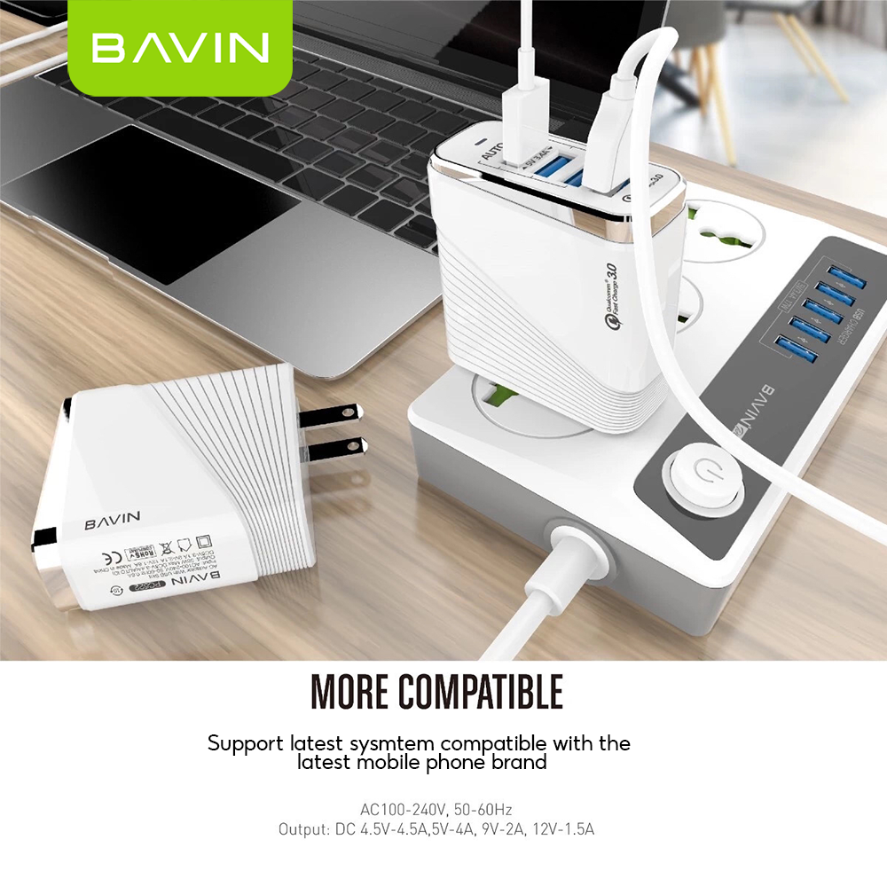 BAVIN C-PC522 18W QC 3.0 Fast Charging Multi-Port USB Wall Charger Adapter for iP & Android Devices