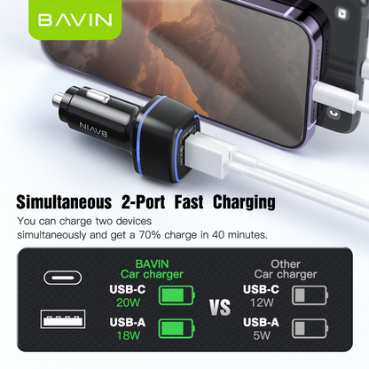 BAVIN PC876 38W Fast Charging PD QC 3.0 Dual Port Car Charger USB-C + USB-A For iPhone 17 series / Android