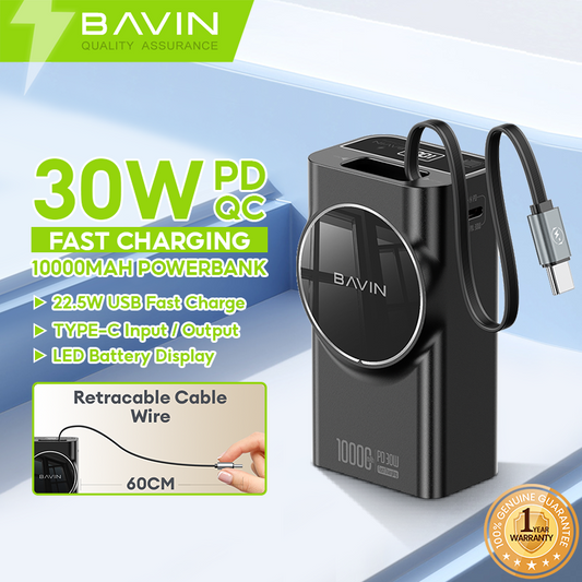 BAVIN Y-PC1121 10000mAh 30W Fast Charging Powerbank w/ Retractable Cable for Type-C / iPh