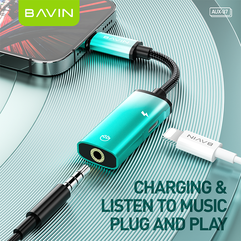 BAVIN AUX37 2-in-1 AUX Earphone Adapter iPhone to 3.5mm w/ Charging Port, Aluminum Alloy, Plug & Play