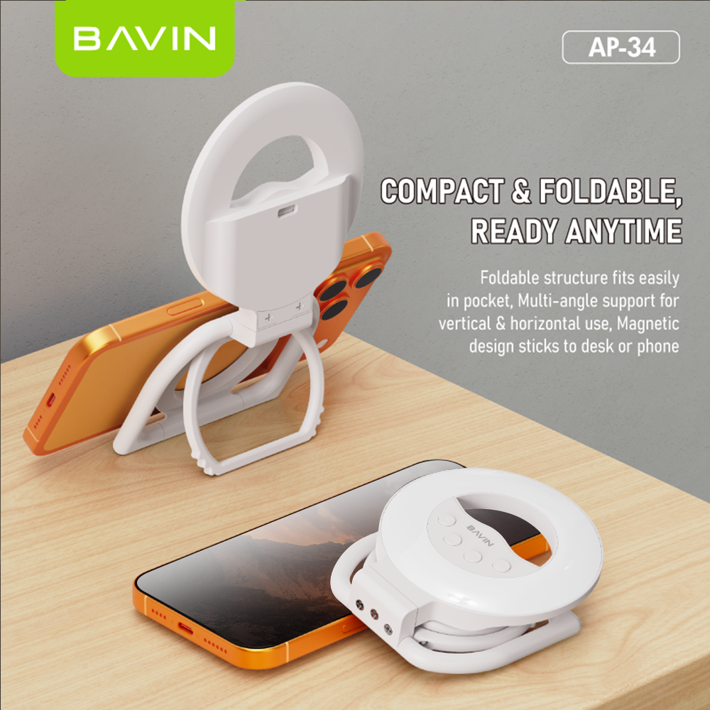 BAVIN P34 2-in-1 Portable Mini Magnetic Selfie LED Fill Light w/ Foldable Stand & 3 Brightness Modes