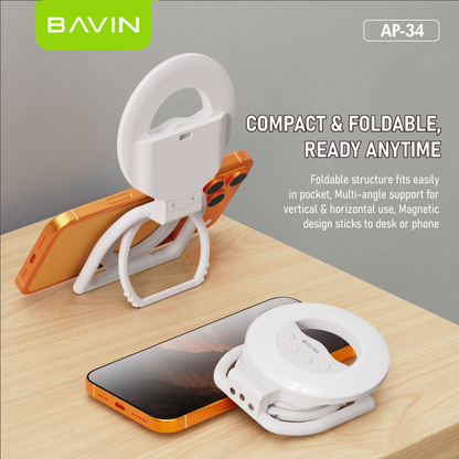 BAVIN P34 2-in-1 Portable Mini Magnetic Selfie LED Fill Light w/ Foldable Stand & 3 Brightness Modes