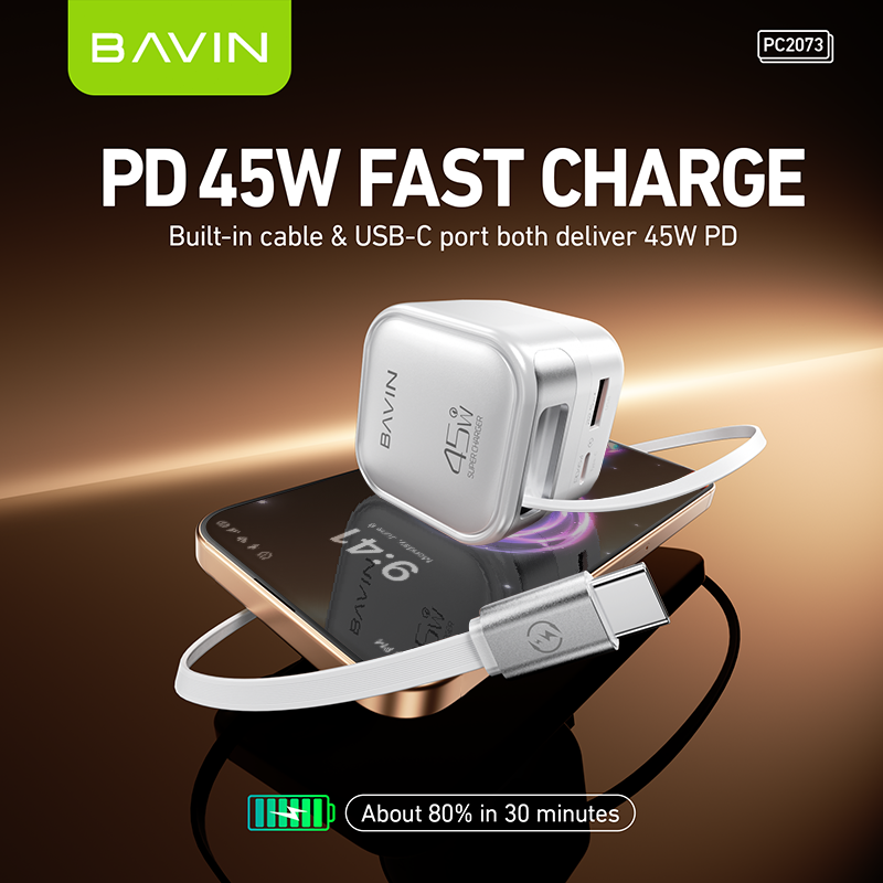 BAVIN C-PC2073 45W PD Fast Charger w/ Built-in Retractable Type-C & iPh Cable, Compatible w/ Smartphone / Laptop & Tablets