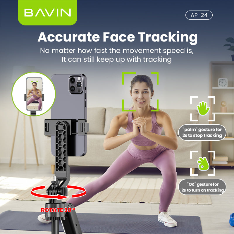 BAVIN D-Z-P24 AI Tripod Stand 360° Auto Face & Motion Detection w/ Wireless BT Remote Adjustable 32-180cm for Phone / Camera