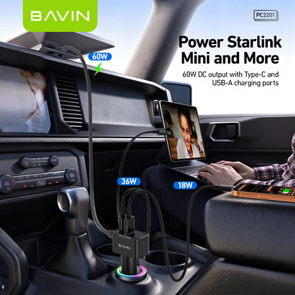 BAVIN PC2201 Starlink Mini 36W PD+QC3.0 Fast DC Power Cable Car Charger w/ Display + Waterproof Outdoor