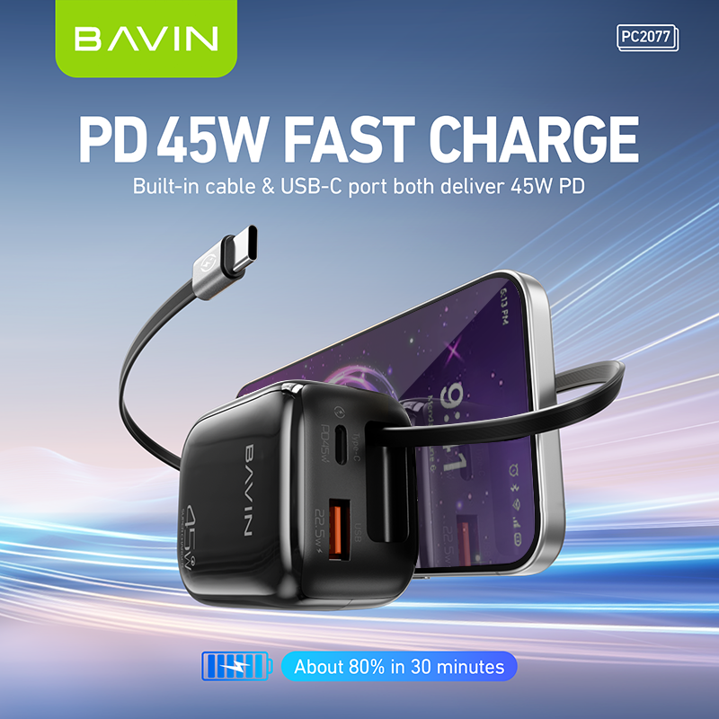BAVIN PC2077 PD 45W QC3.0 Portable Fast Charging Adapter Charger w/ 70cm Retractable Cable + Foldable AC Plug