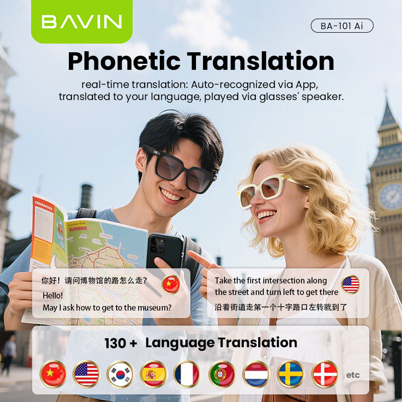BAVIN BA101 Ai Smart Translation Sunglasses BT 5.4 w/ 130+ Languages, Open-Ear Hi-Fi Sound, Touch Control & UV Protection