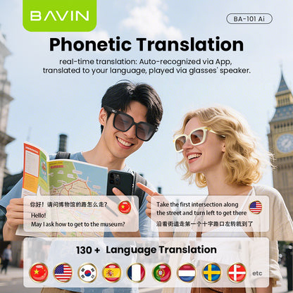 BAVIN BA101 Ai Smart Translation Sunglasses BT 5.4 w/ 130+ Languages, Open-Ear Hi-Fi Sound, Touch Control & UV Protection