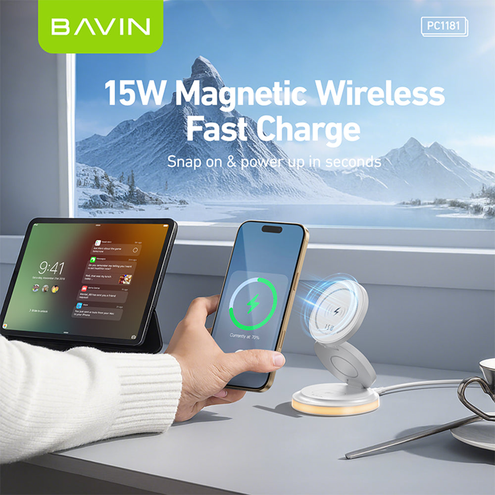 BAVIN Y-PC1181 3-in-1 Magnetic Wireless Charger 15W Fast Charging Dock for Phone / Watch / Earbuds Foldable w/ LED Light