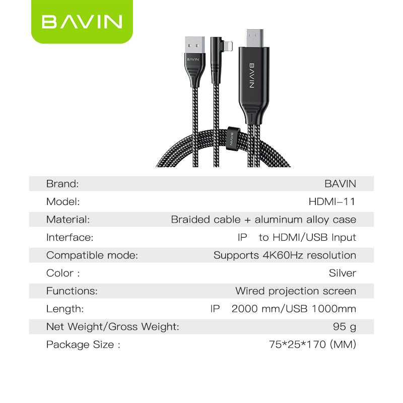 BAVIN HD11 2in1 1080P iPhone to HDMI Rechargeable Cable Adapter 4K 60Hz & 2K 144Hz Support for Phone to TV/Monitor/Projector