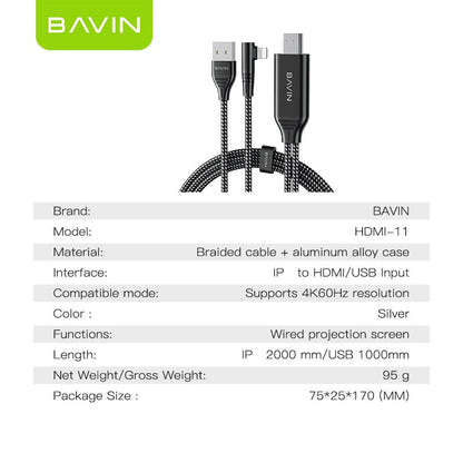 BAVIN HD11 2in1 1080P iPhone to HDMI Rechargeable Cable Adapter 4K 60Hz & 2K 144Hz Support for Phone to TV/Monitor/Projector