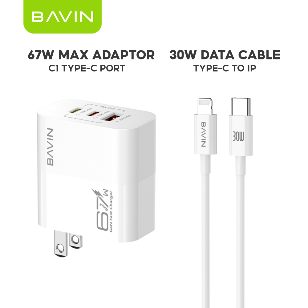 BAVIN PC2133 3in1 67W GaN Fast Charging Charger Dual Type-C + USB Ports w/ 1m Cable for Laptop, Phones