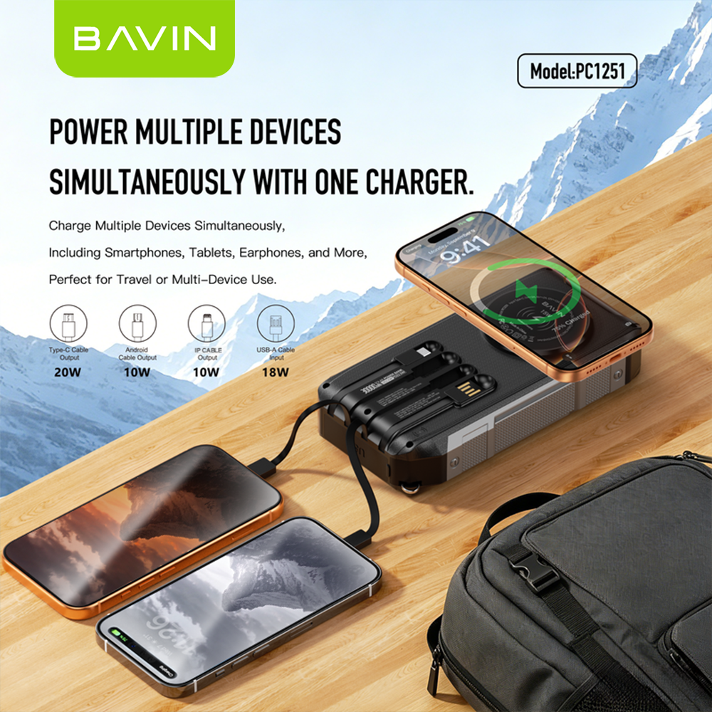 BAVIN PC1251 30000mAh Solar Power Bank PD 22.5W Fast+15W Wireless Charge w/ Cables, LED Light, 3 Output