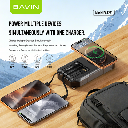BAVIN PC1251 30000mAh Solar Power Bank PD 22.5W Fast+15W Wireless Charge w/ Cables, LED Light, 3 Output