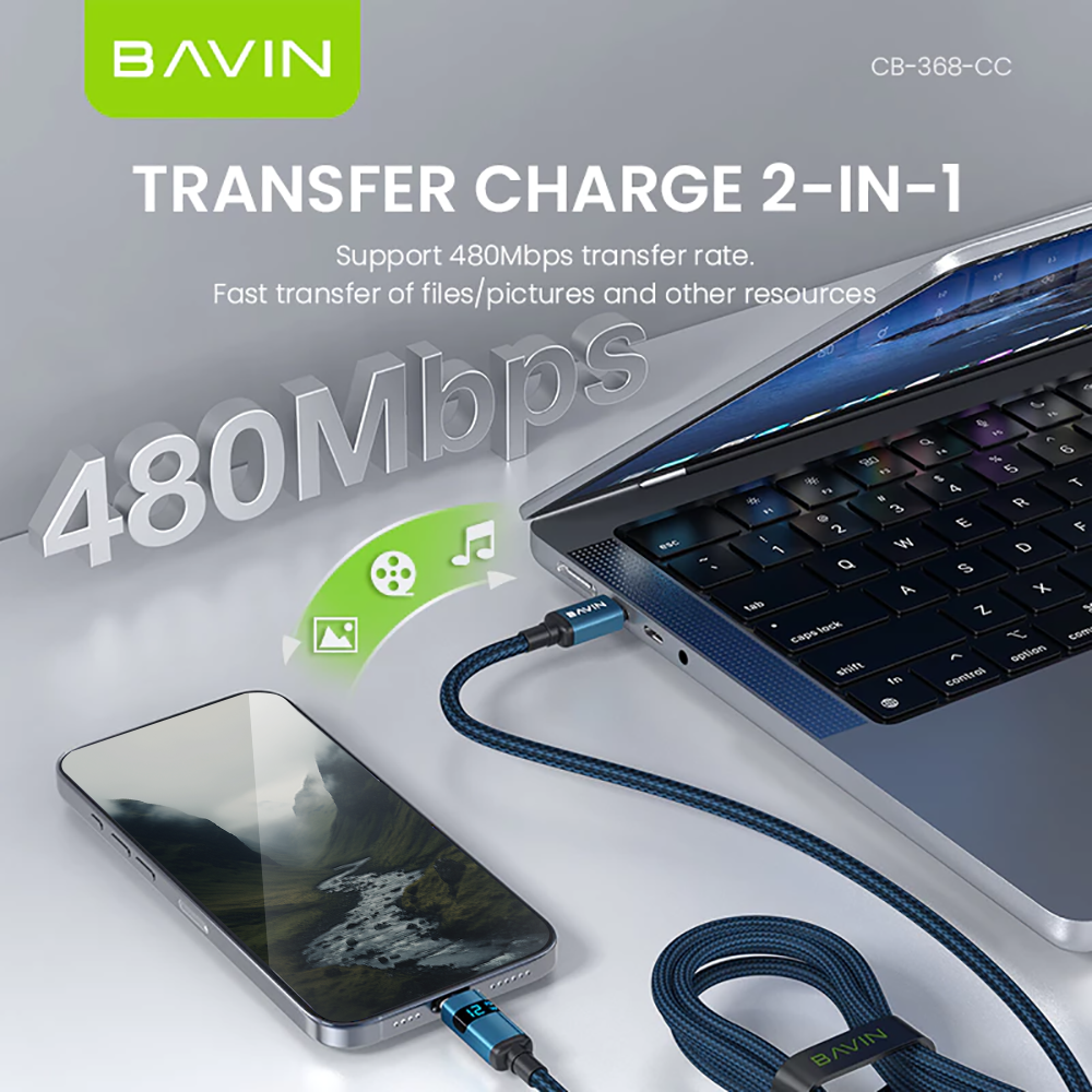 BAVIN CB368 100W PD Super Fast Charging Nylon Braided Data Cable w/ Digital Power Display For Laptop & Phones