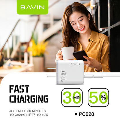 BAVIN PC828 / PC827 20W PD Fast Charging Charger Dual Type-C & USB Port Adapter for iPhone 17 Series