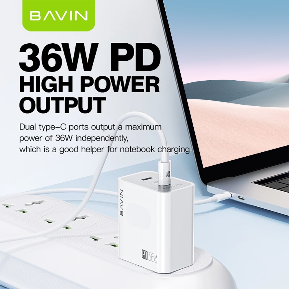 BAVIN PC859 36W Super Fast Charging Dual Port PD + QC3.0 w/ 1 Meter Data Cable Widely for Laptop Supports / iPhone 17